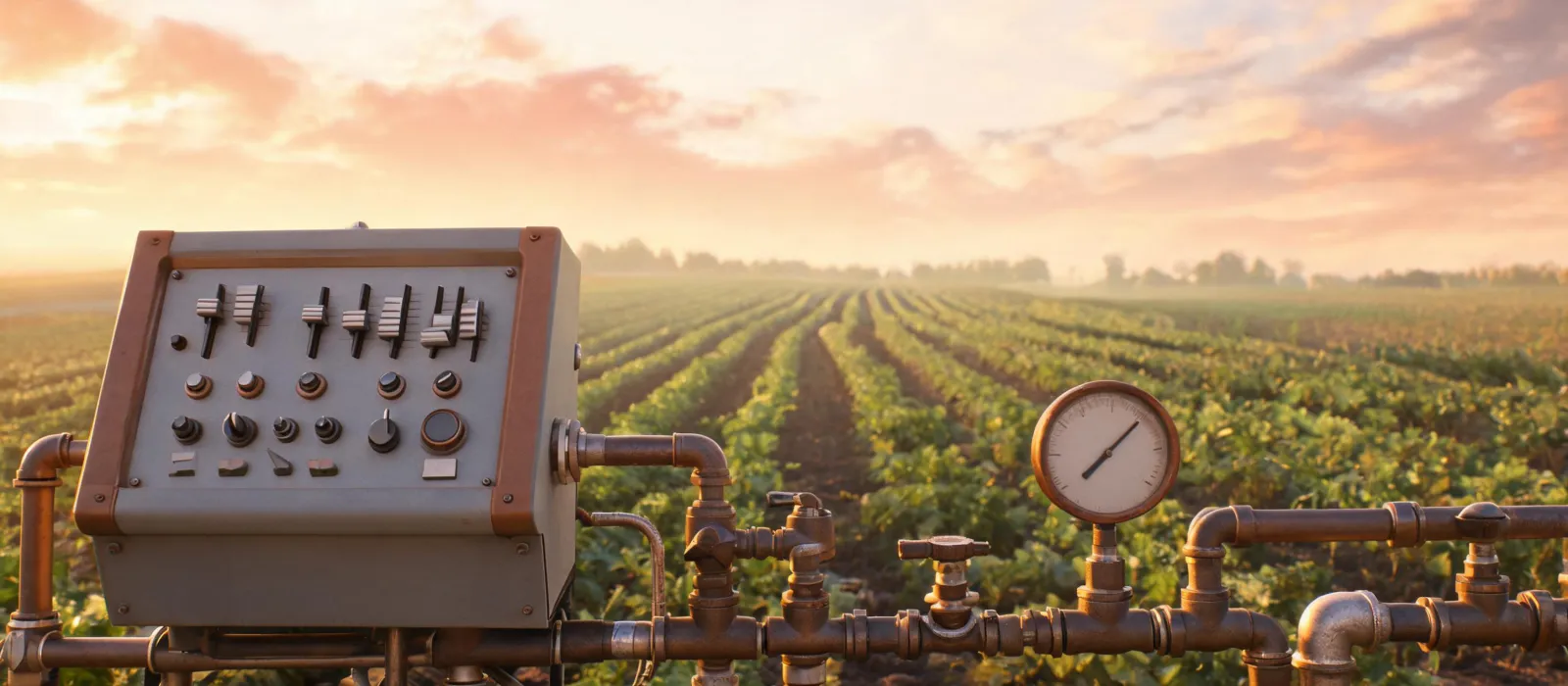 Irrigation control panel beside field pipelines