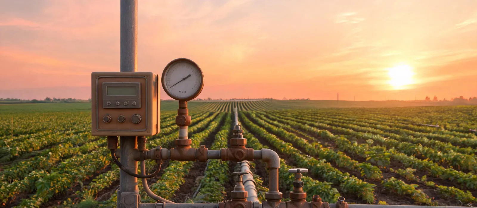 Irrigation control panel beside field pipelines