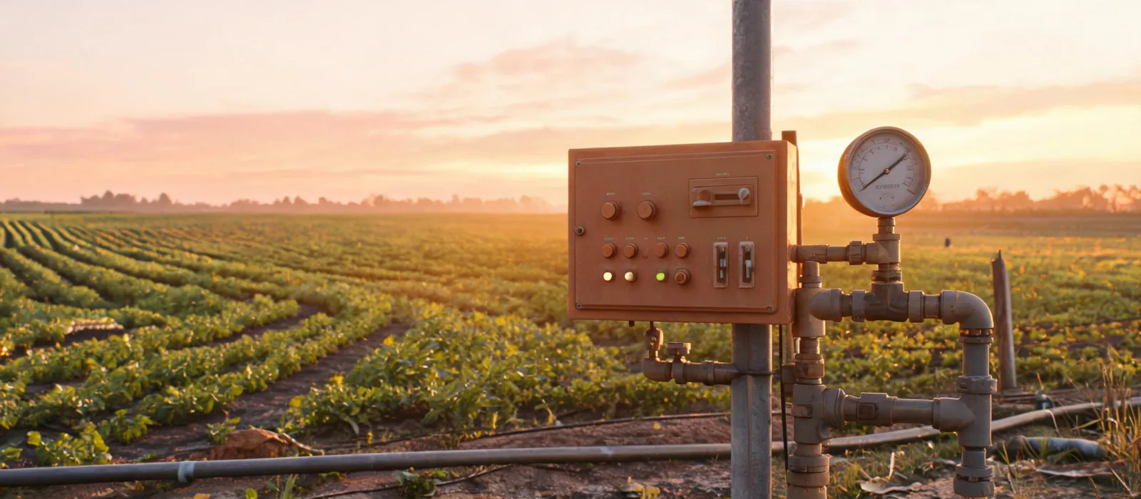 Irrigation control panel beside field pipelines