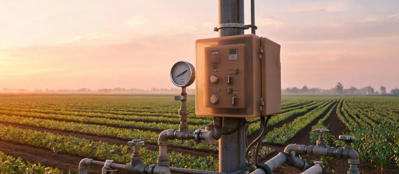 Irrigation control panel beside field pipelines